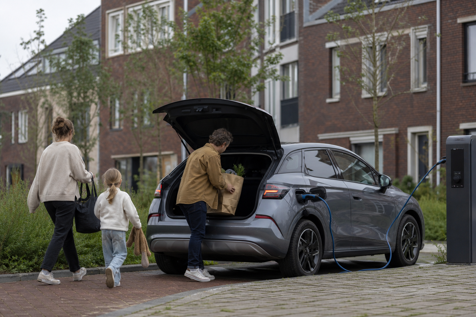 Gezin pakt boodschappen in een elektrische auto die aan een openbare laadpaal staat