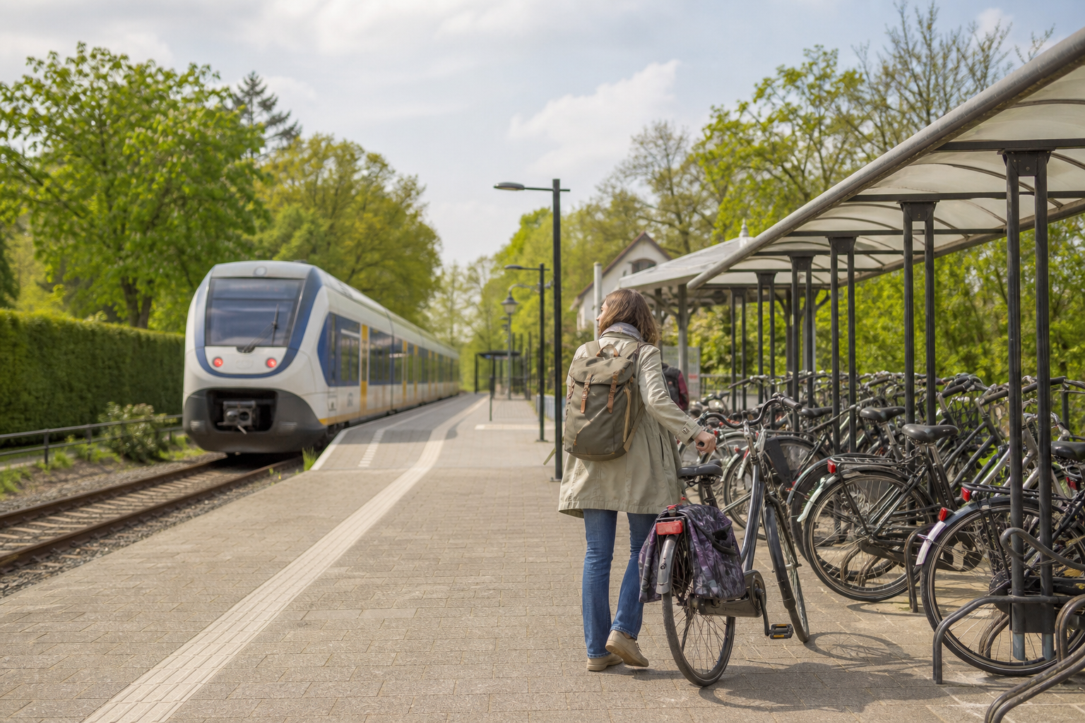 Reiziger loopt met een fiets langs de fietsenstalling bij een regionale trein