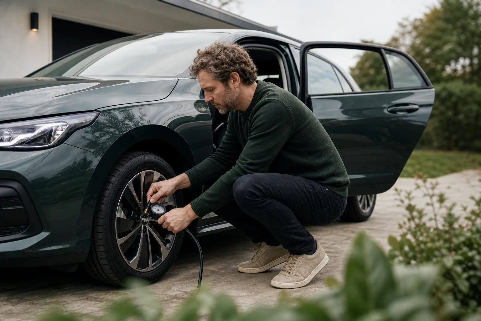 Automobilist meet de bandenspanning van een groene auto na een bandenwissel