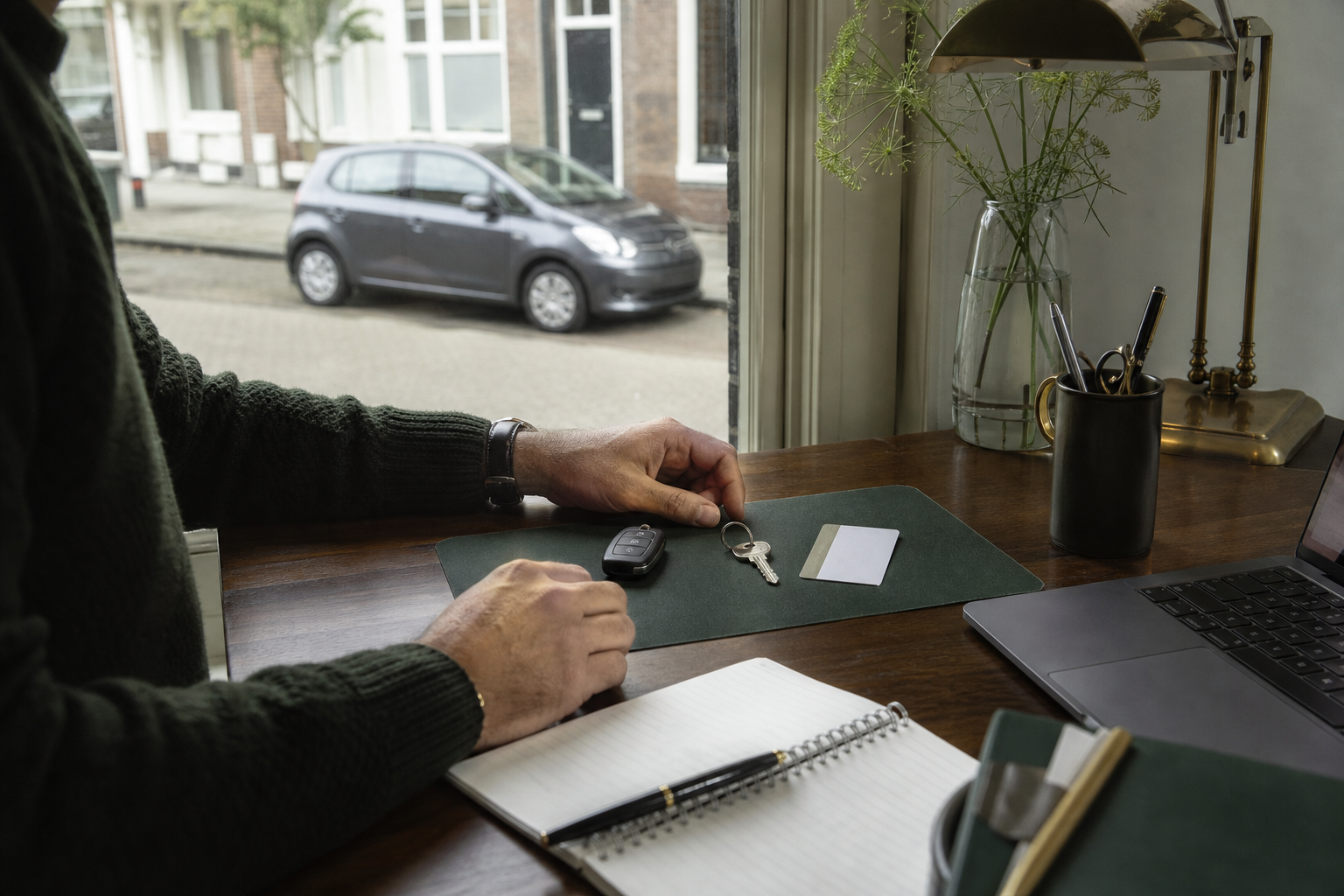 Tweede auto staat stil naast een werktafel waarop vaste autokosten worden vergeleken