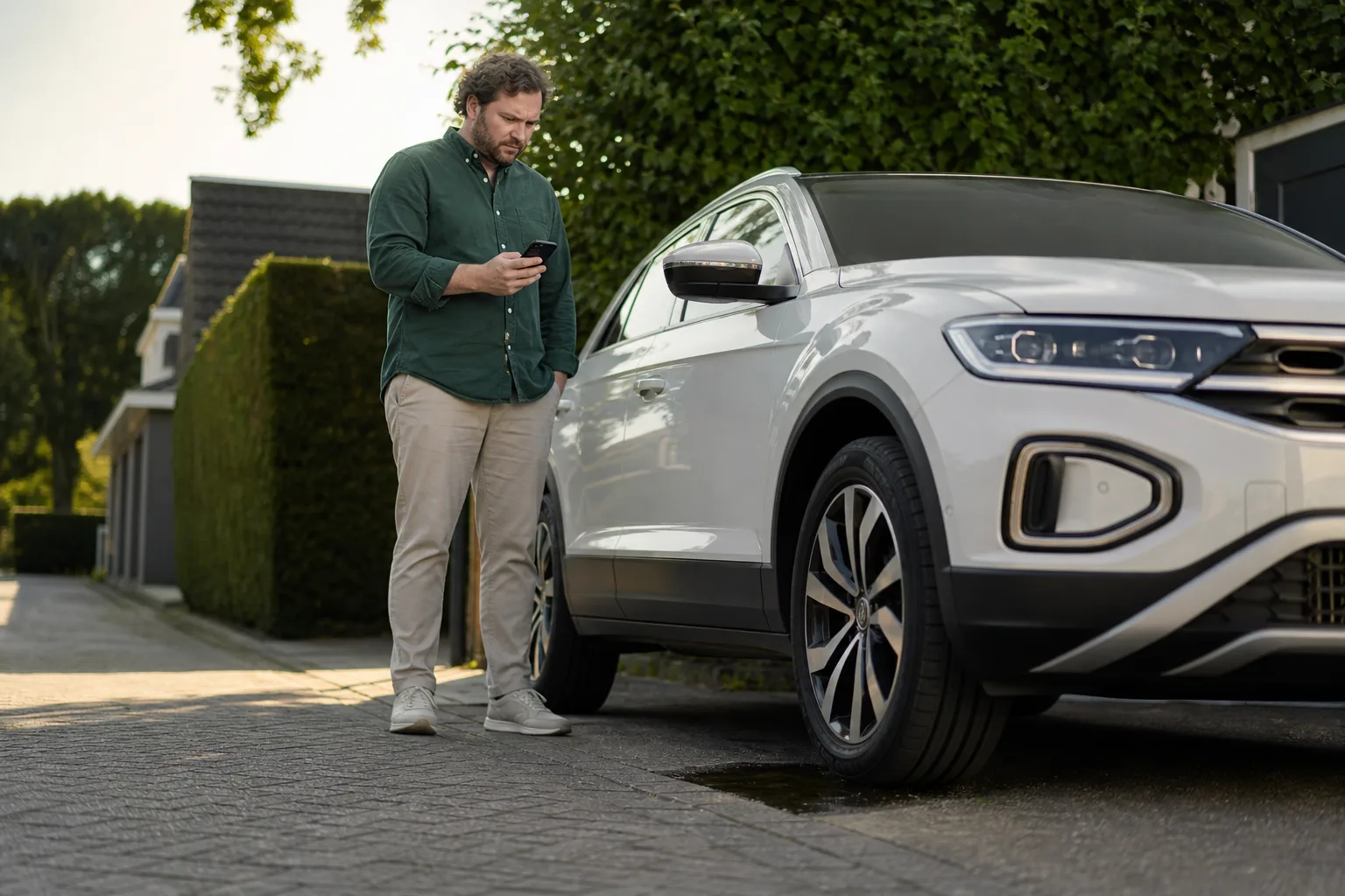 Automobilist bekijkt op veilige afstand een kleine heldere plas onder een geparkeerde auto