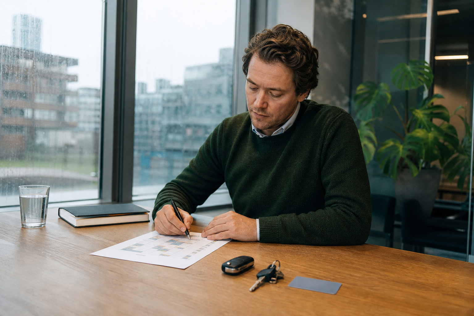 Professional vergelijkt autosleutel, fietssleutel en ov-kaart aan een rustige werktafel